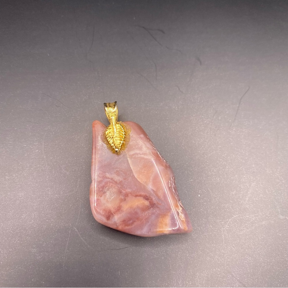 Pink marbled stone crystal pendant gold leaf charm jewelry